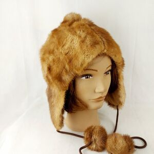 Vintage Real Fur Hat With Pompoms Winter Cap Toque Fleece Lining